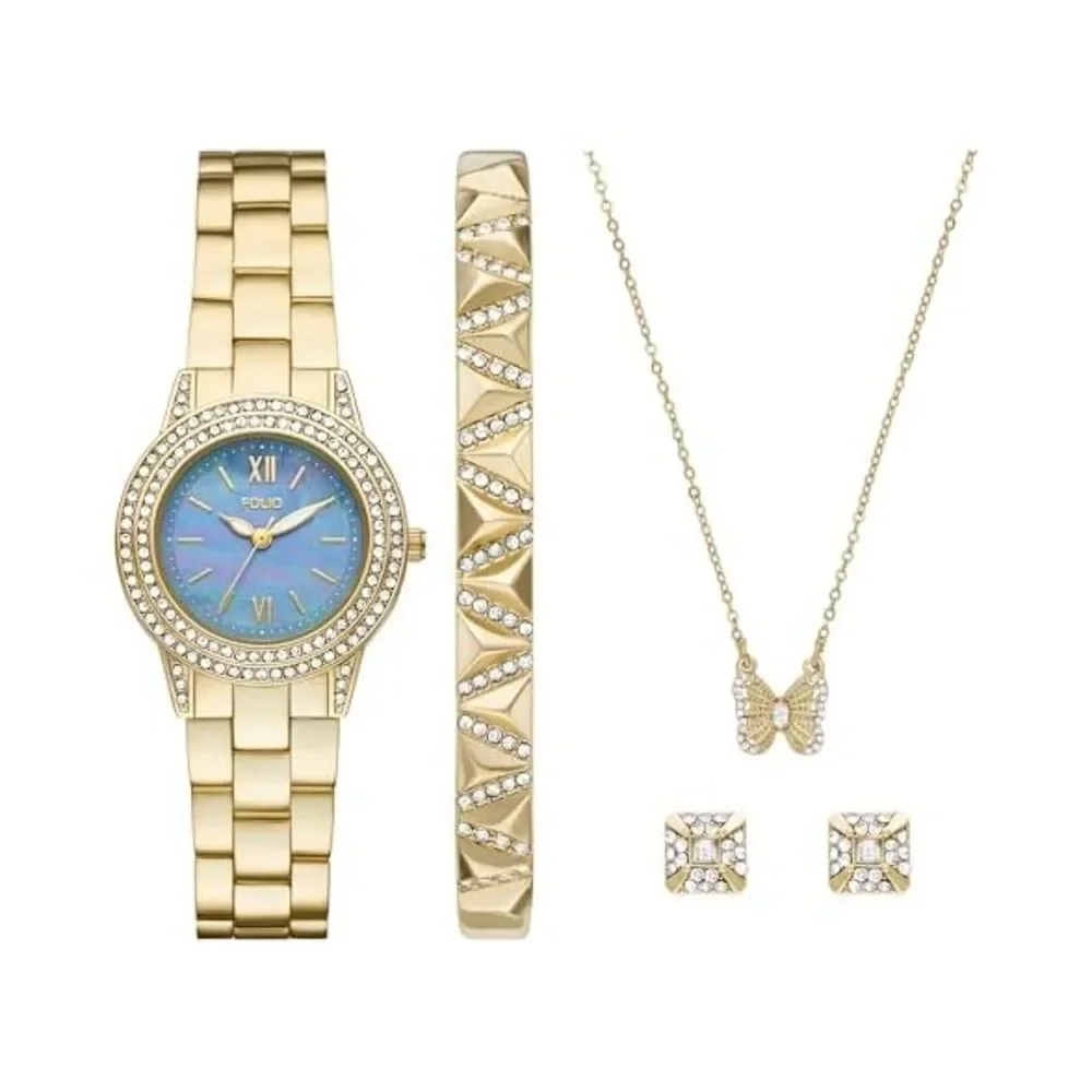 Folio Ladies' Three-Hand Gold-Tone Watch bracelet, necklace and earrings